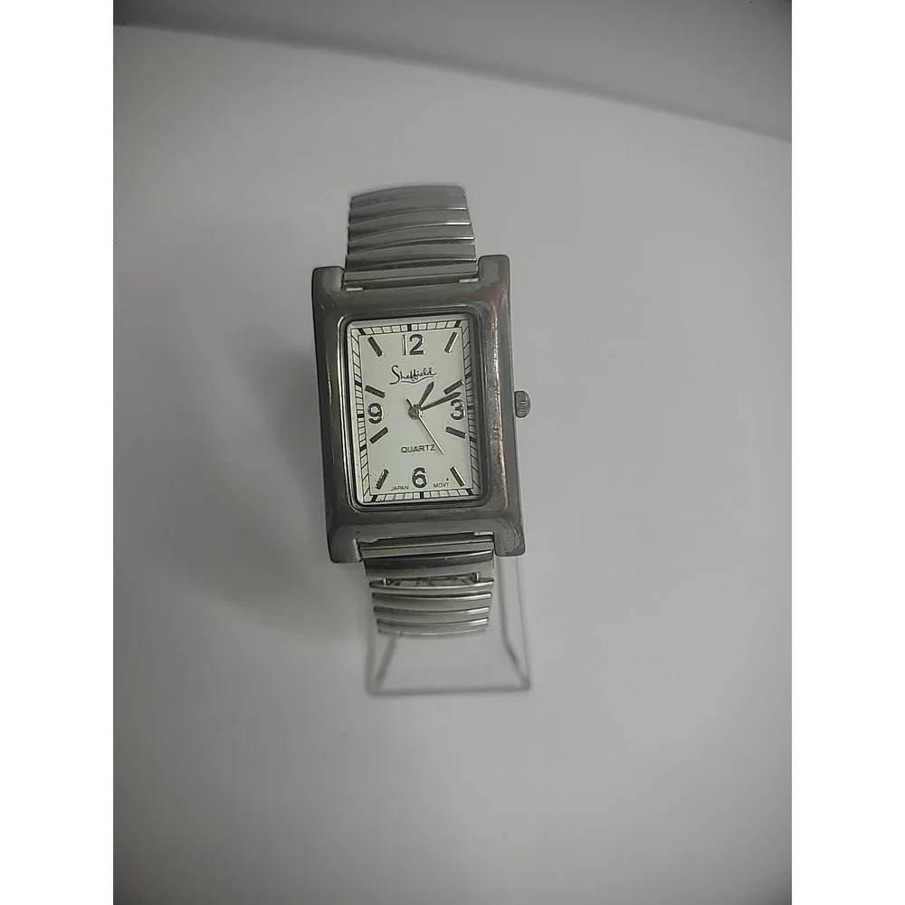 Vintage Sheffield Wristwatch Watch Silver Tone Elastic‎ Metal Band Womens